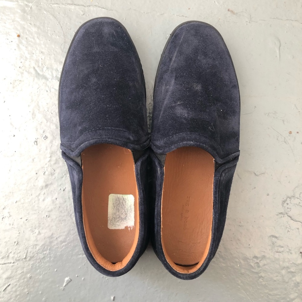 Suede rag and bone navy blue slip on shoes